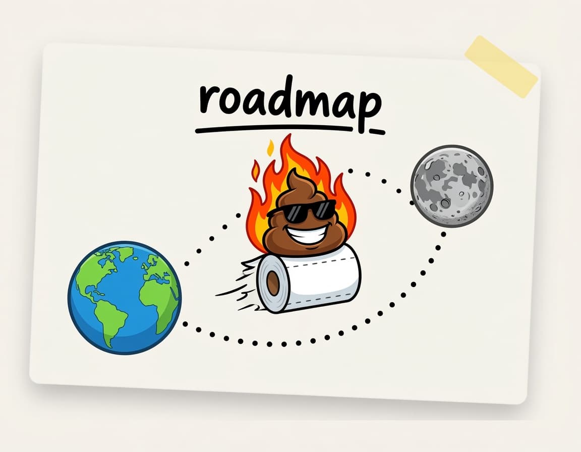 The roadmap: a taped-up sheet titled 'roadmap' showing the flaming Fireturd mascot riding a toilet-paper roll along a dotted flight path from the Earth to the Moon.